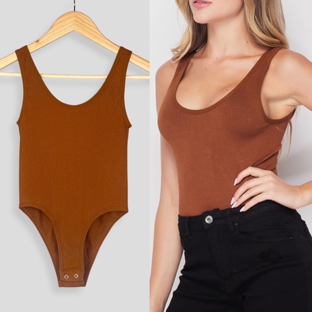 Cognac brown tank top scoop neck ribbed bodysuit summer time basic